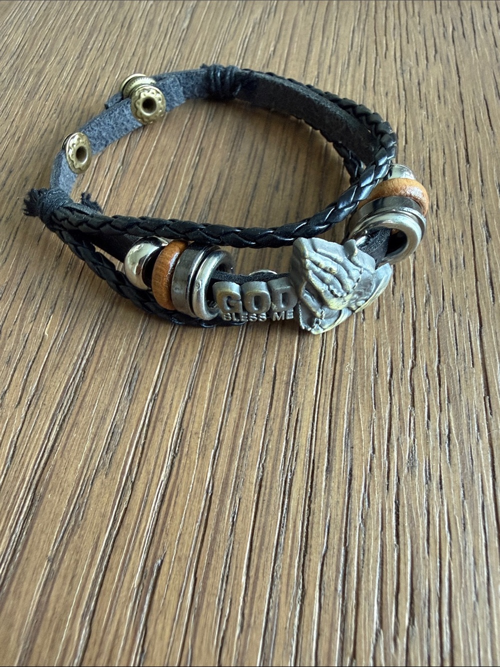 Black Leather 'God Bless Me' Men's Bracelet with Silver and Wood Accents